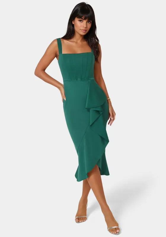 Scuba Bustier Ruffle Wrap Dress sold by Bebe