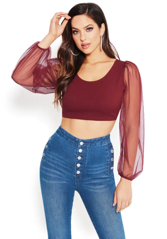 Sheer Sleeve Scoop Crop Top sold by Bebe