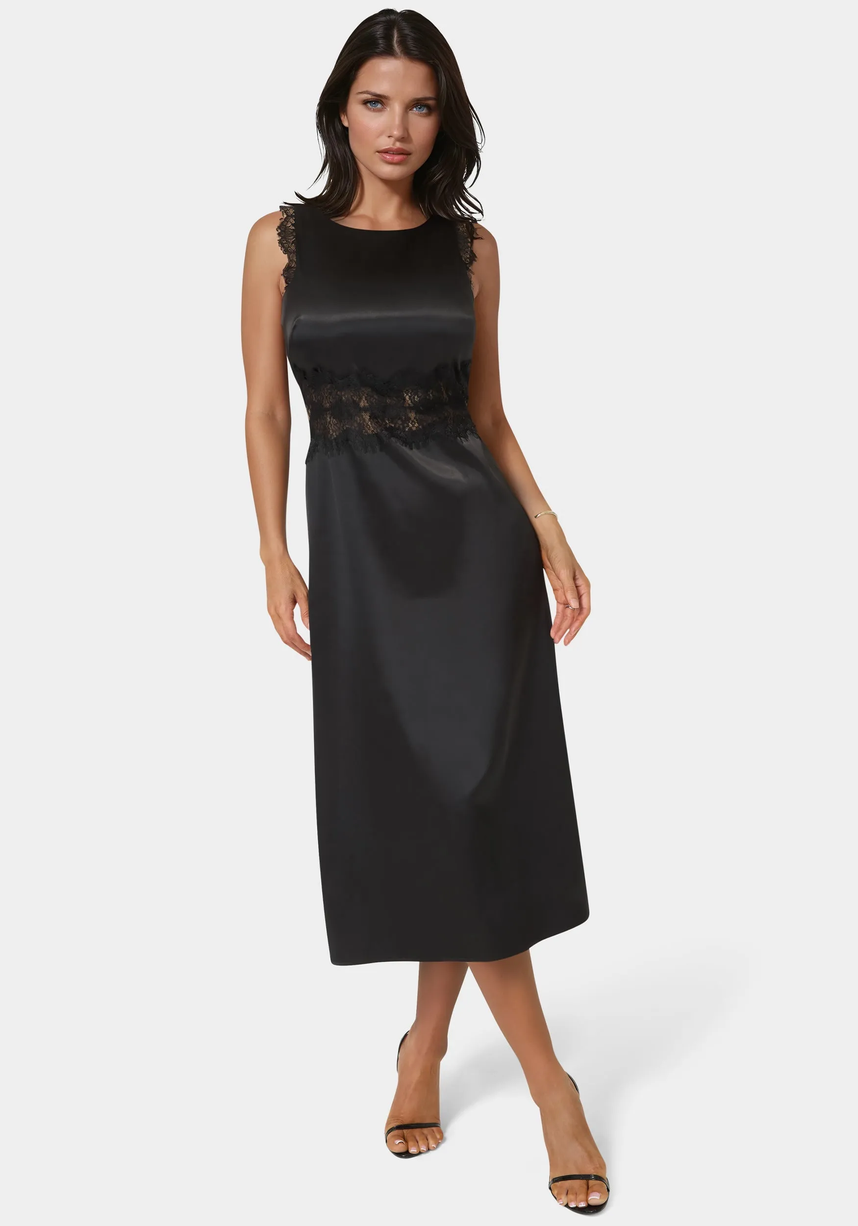 Satin Lace Insert Midi Dress sold by Bebe