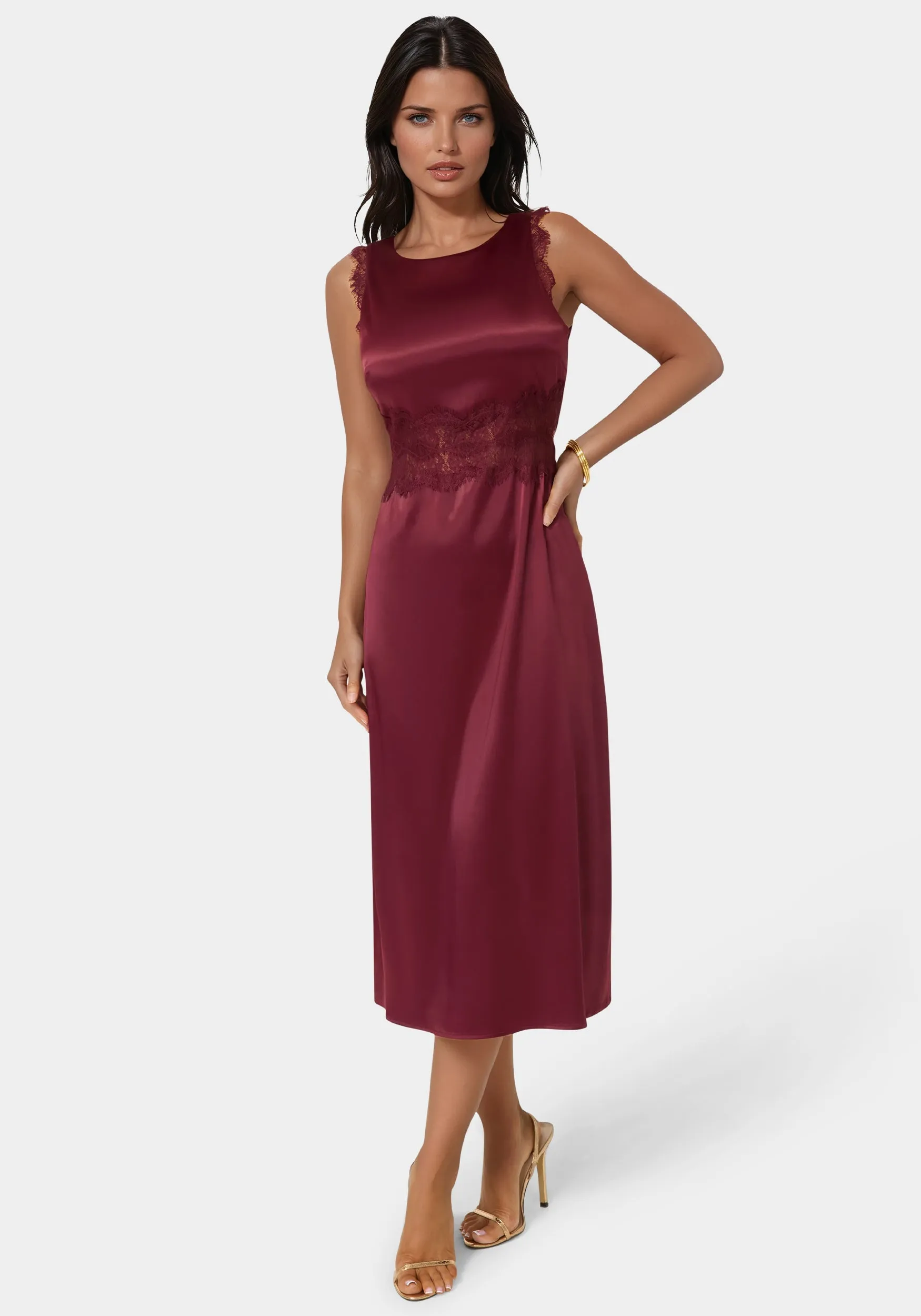 Satin Lace Insert Midi Dress sold by Bebe