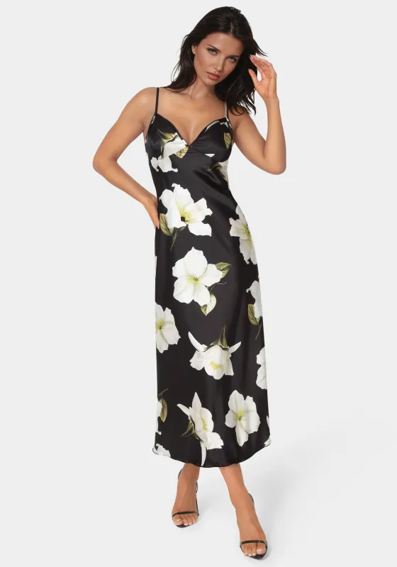Printed Satin V-Neck Maxi Dress sold by Bebe