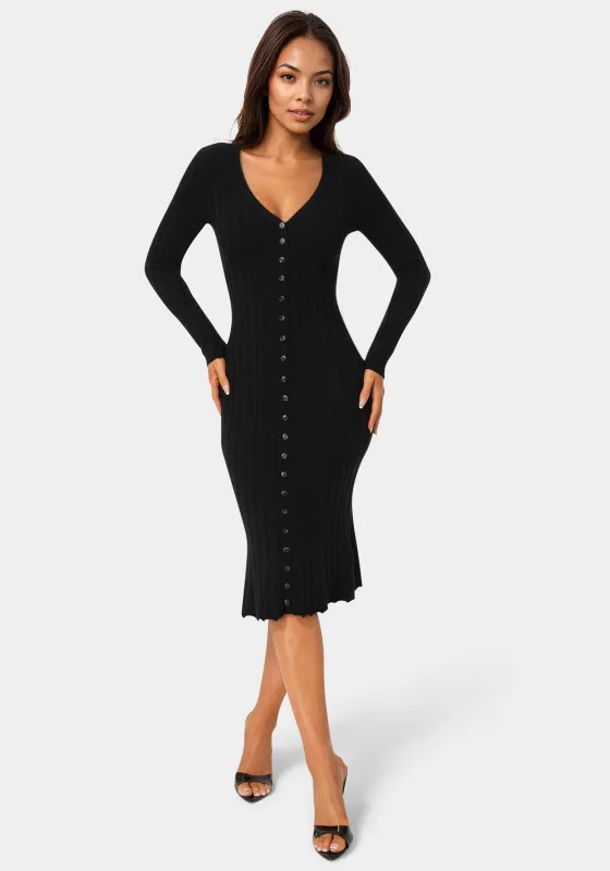Button Front V-Neck Sweater Midi Dress sold by Bebe