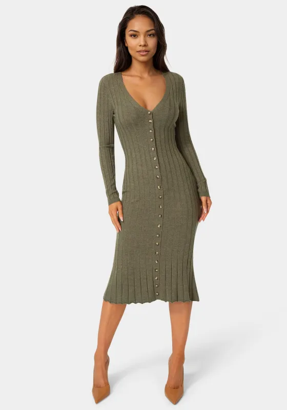 Button Front V-Neck Sweater Midi Dress sold by Bebe