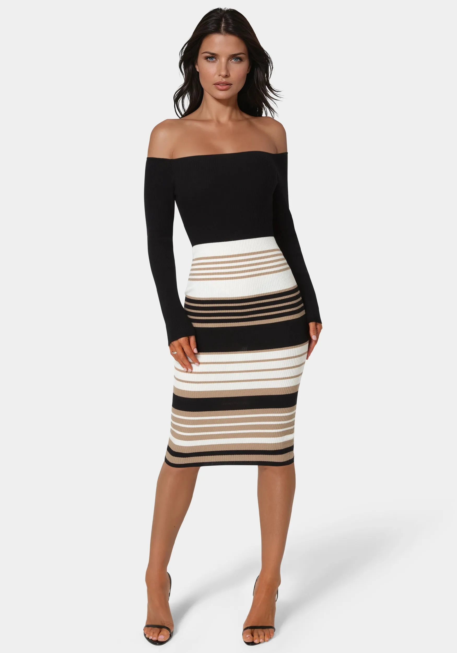 Off Shoulder Stripe Dress sold by Bebe