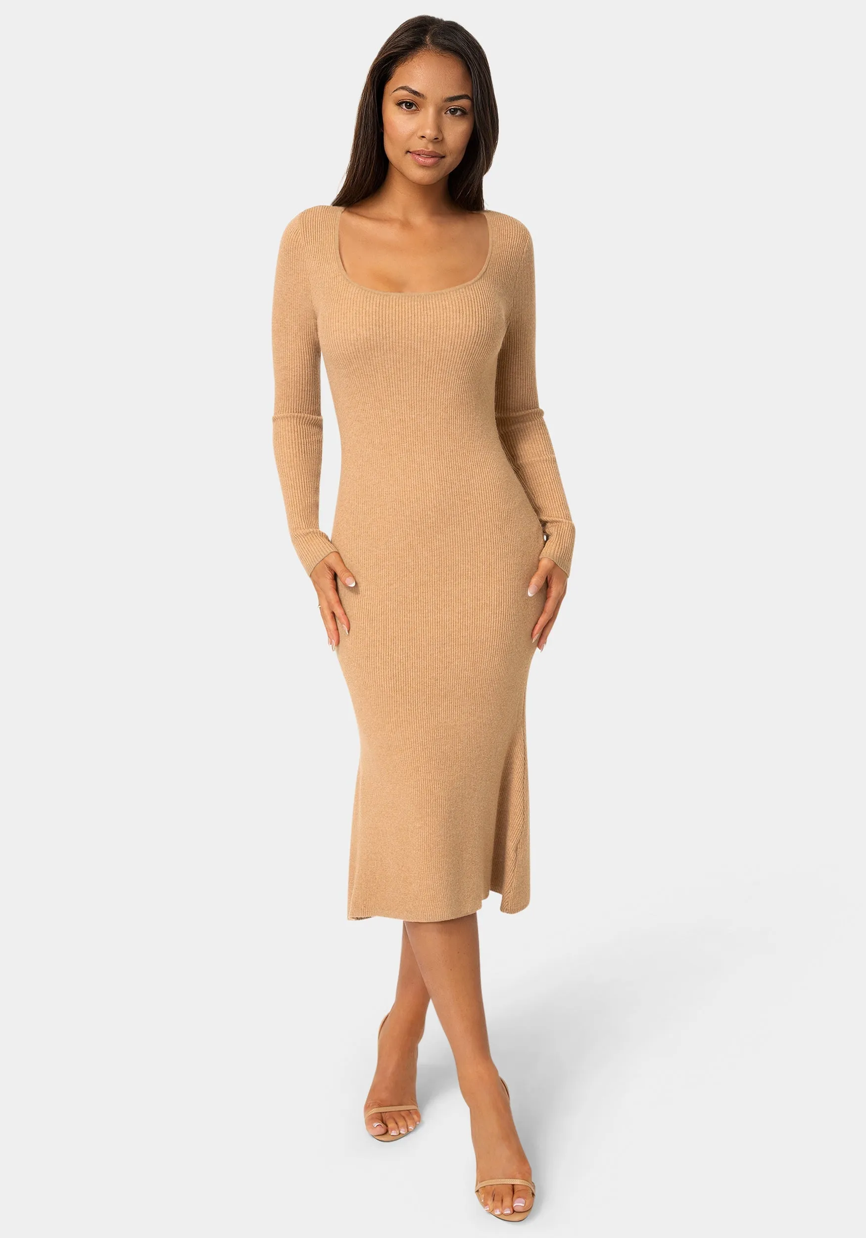 Long Sleeve Scoop Neck Sweater Midi Dress sold by Bebe