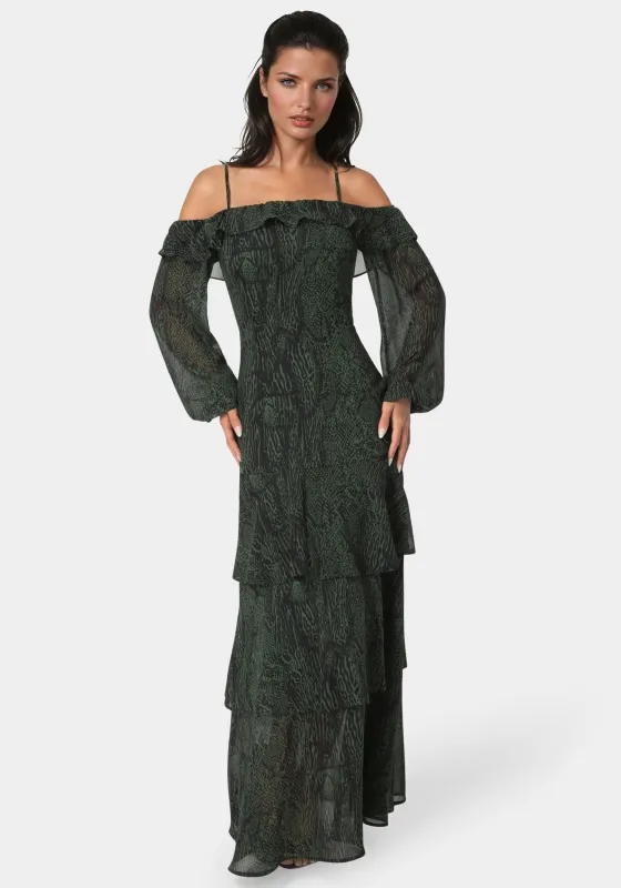 Long Sleeve Off the Shoulder Tiered Maxi Dress sold by Bebe