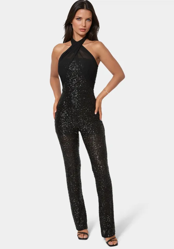 Sequin Halter Mini Flare Leg Jumpsuit sold by Bebe