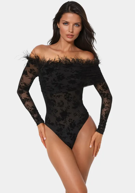 Off Shoulder Feather Bodysuit sold by Bebe
