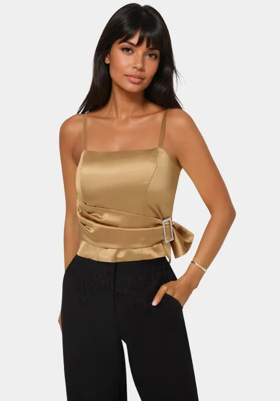 Satin Rhinestone Buckle Corset Top sold by Bebe