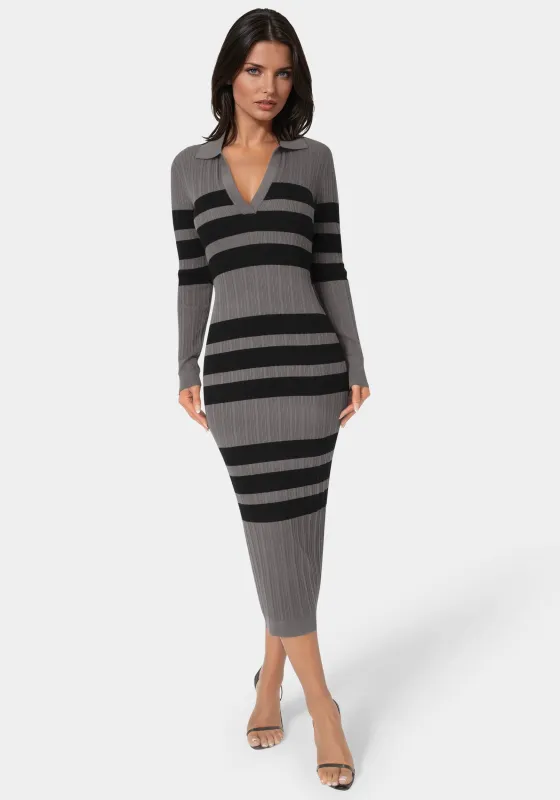 Long Sleeve Collared Striped Knit Dress made by Jump