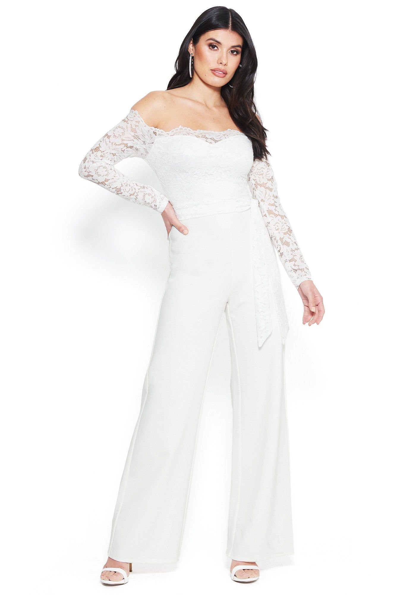 Lace Off Shoulder Jumpsuit sold by Bebe