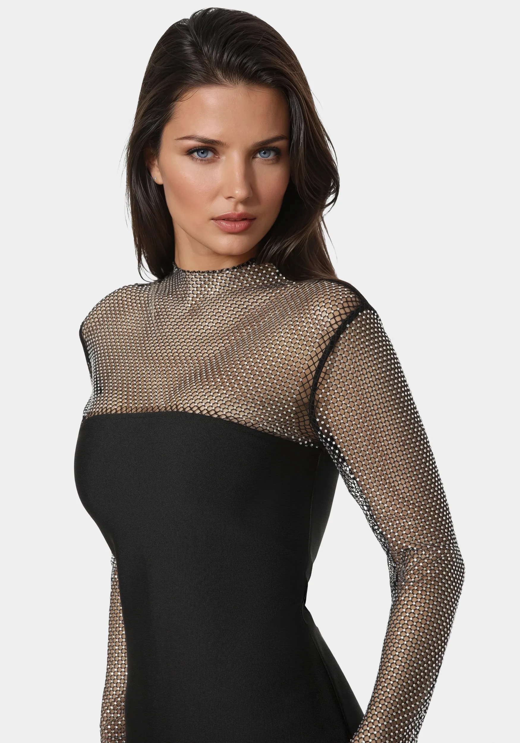 Long Sleeve Bandage Midi Dress with Crystal Mesh Combo sold by Bebe product image thumbnail 4