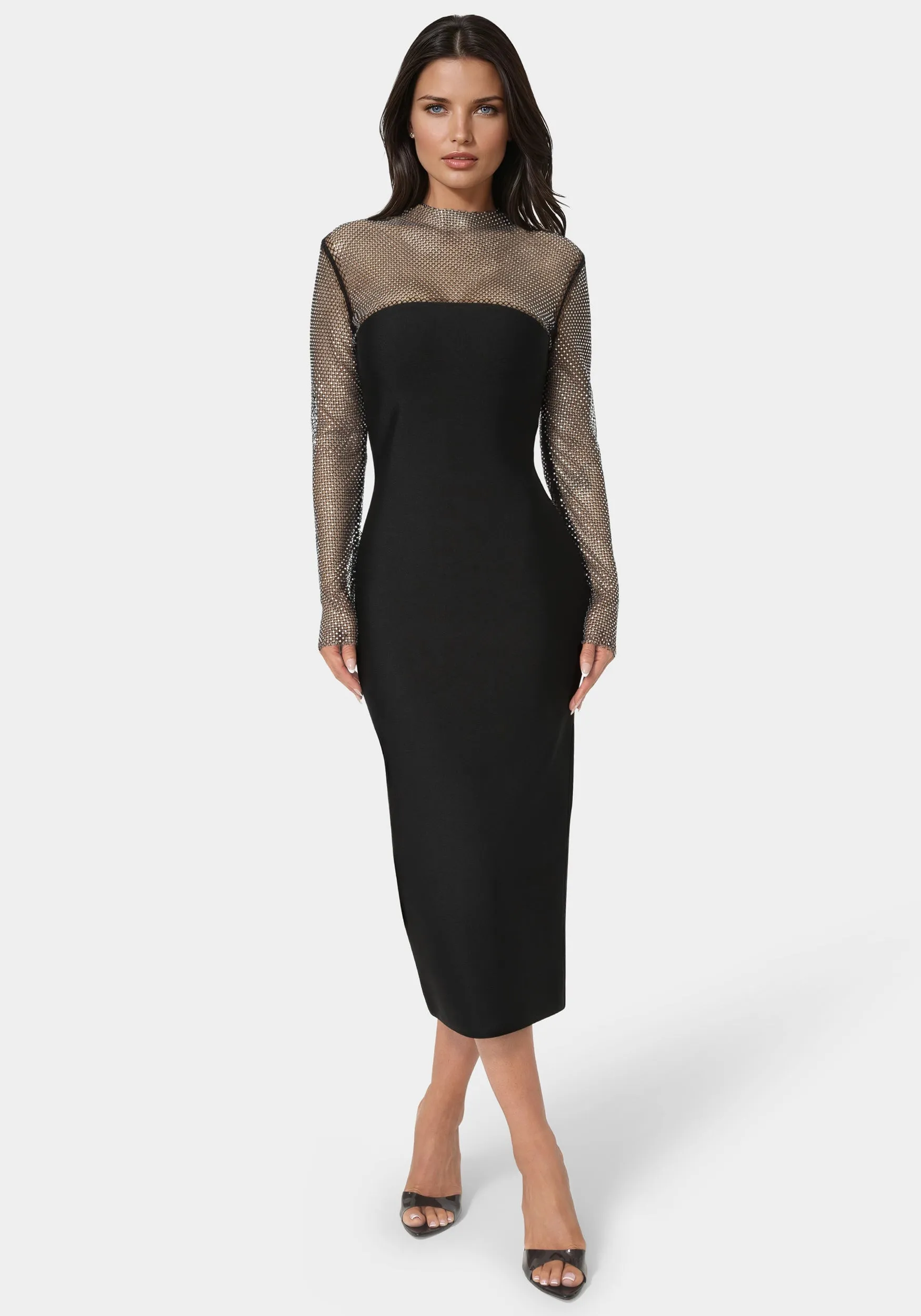 Long Sleeve Bandage Midi Dress with Crystal Mesh Combo sold by Bebe