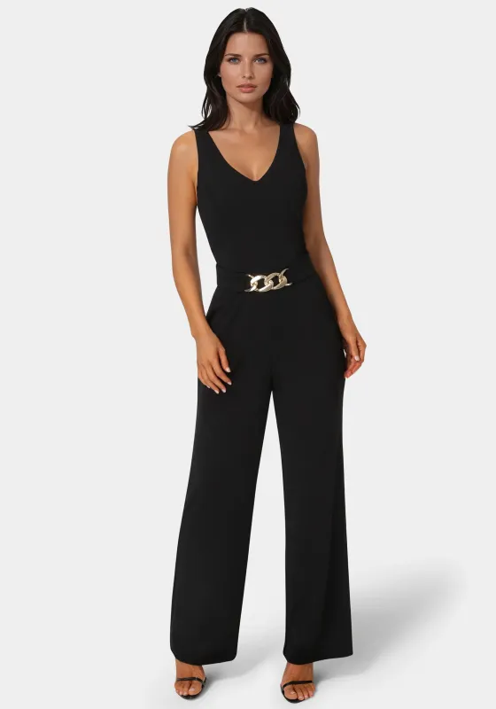 Scuba Crepe V-Neck Jumpsuit with Belt sold by Bebe