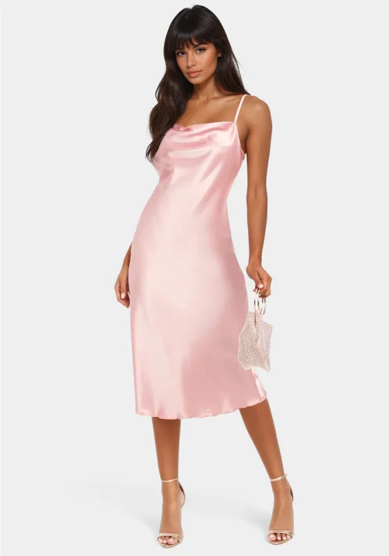 Satin Cowl Neck Slip Midi Dress sold by Bebe
