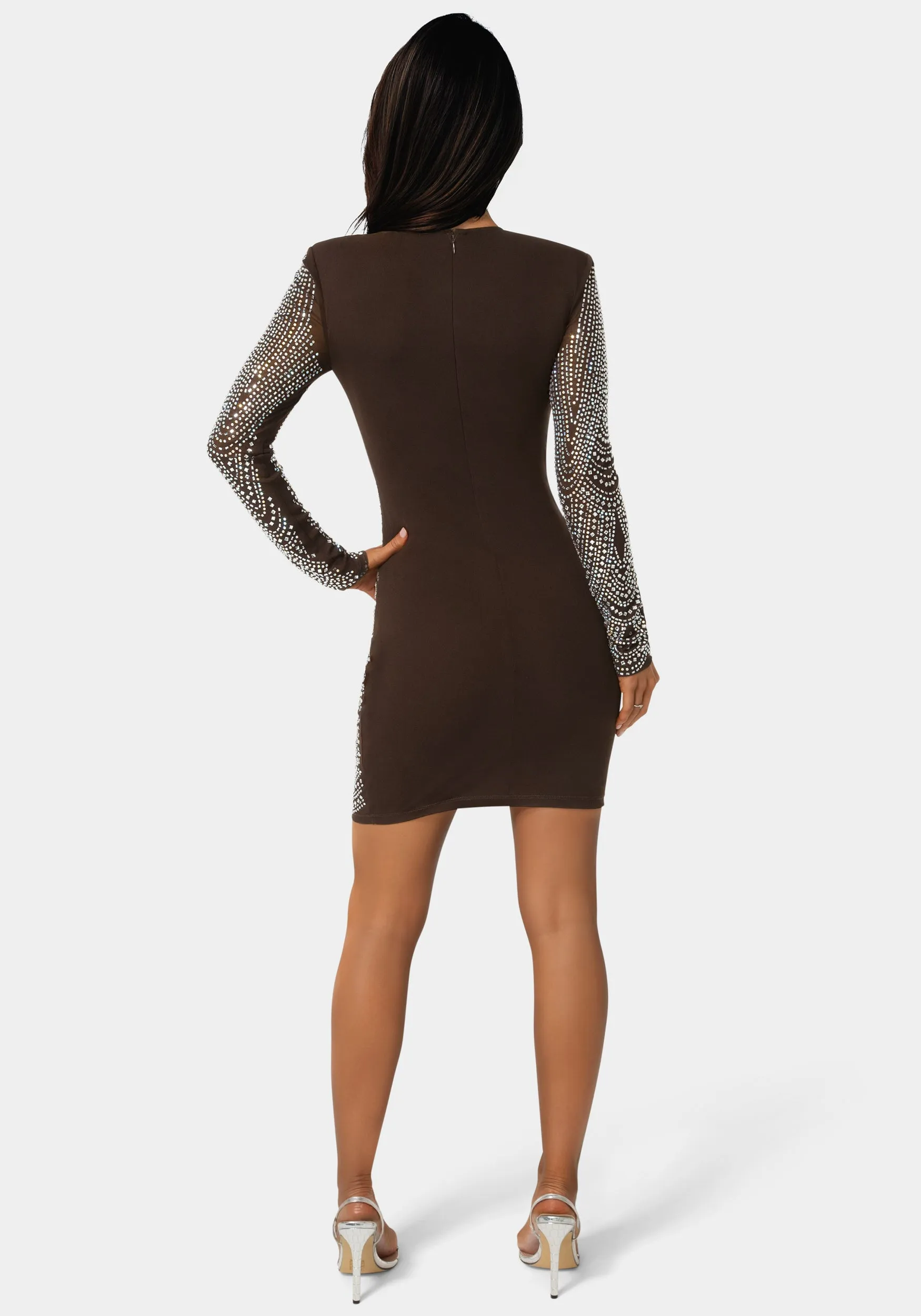 Long Sleeve Embellished Illusion Mesh Mini Dress sold by Bebe product image thumbnail 3