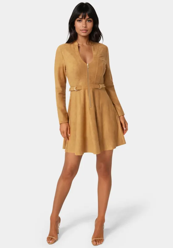 Fit and Flare Long Sleeve Suede Mini Dress sold by Bebe