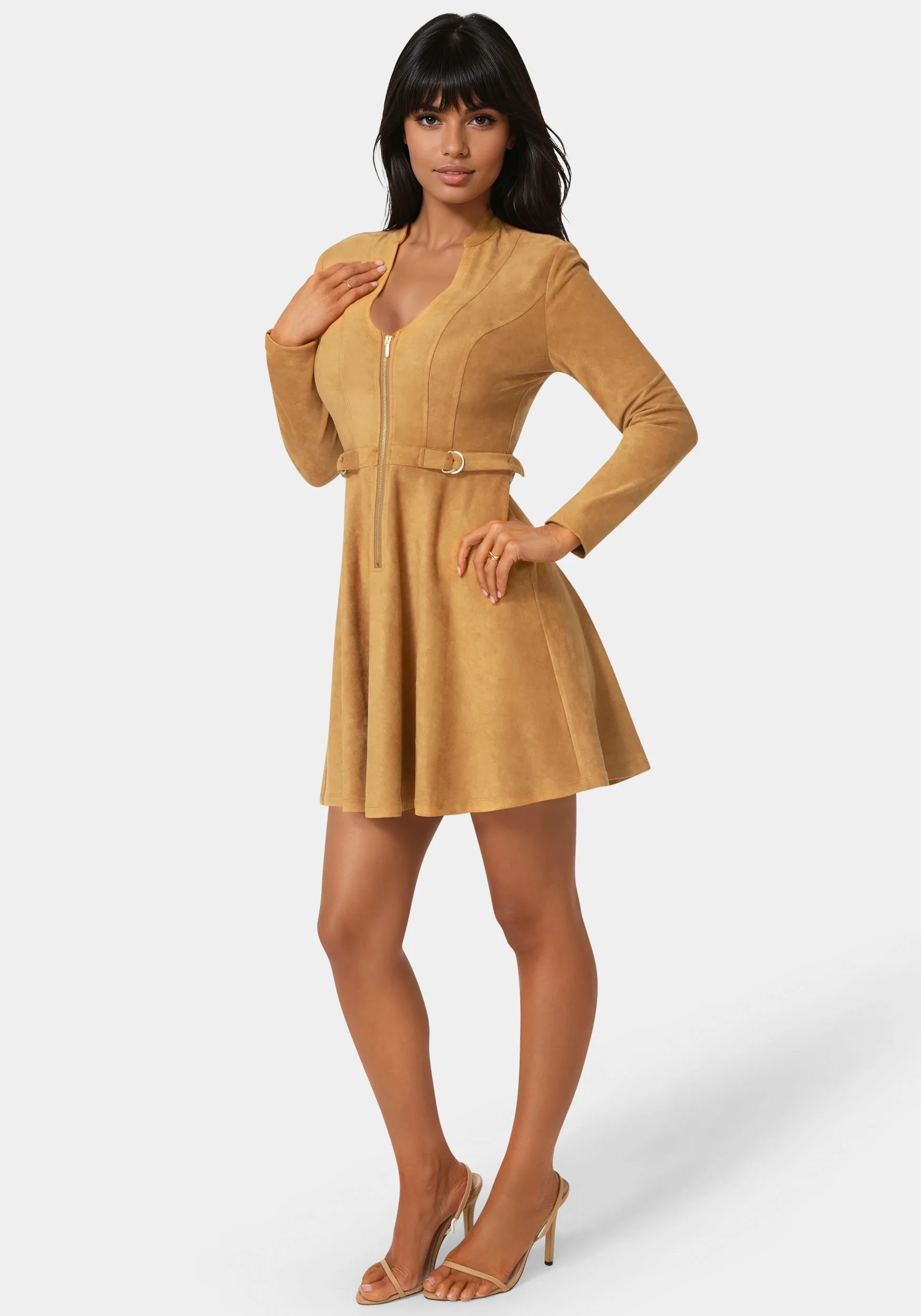 Fit and Flare Long Sleeve Suede Mini Dress sold by Bebe product image thumbnail 2