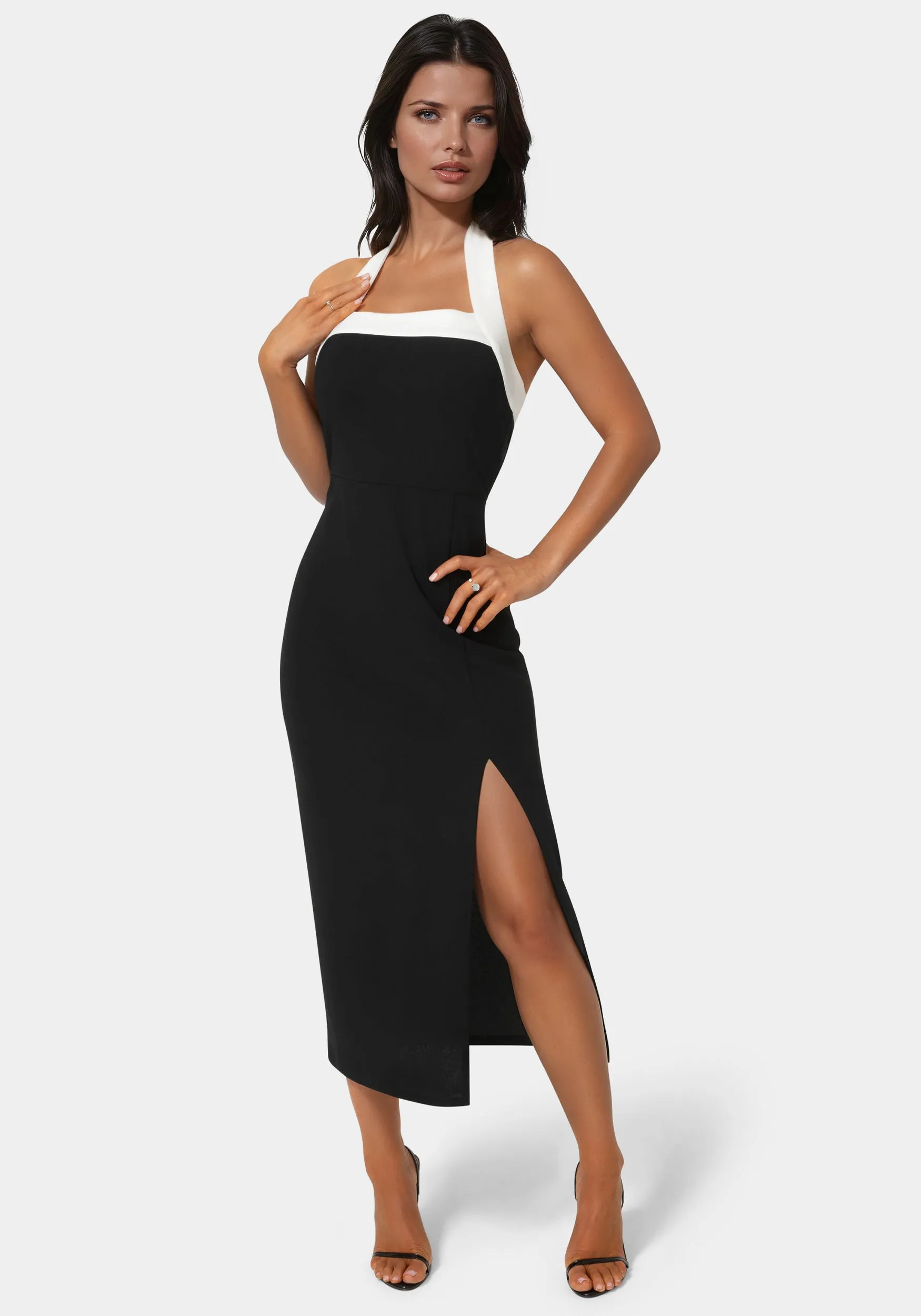 Colorblock Halter Neck Midi Dress sold by Bebe