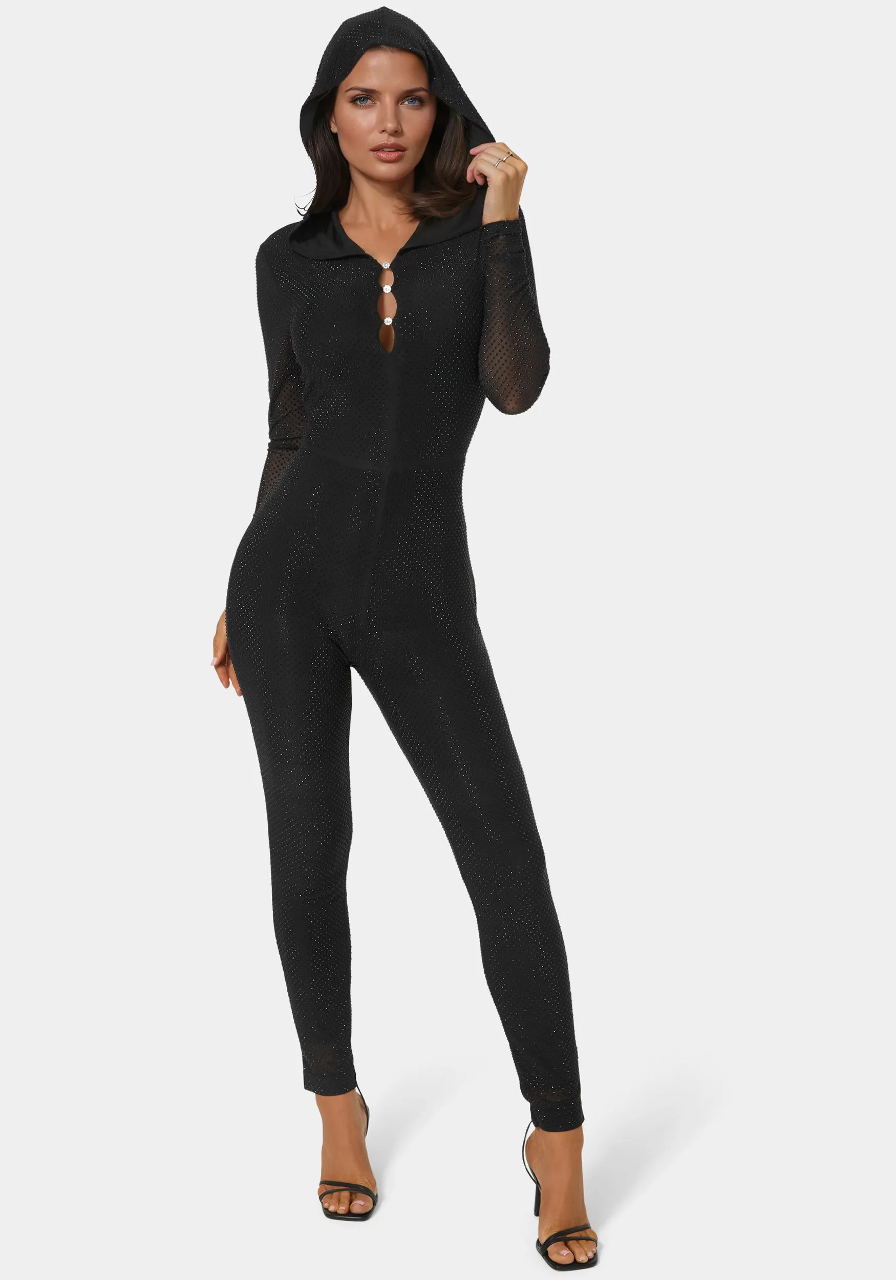 Rhinestone Hooded Catsuit sold by Bebe