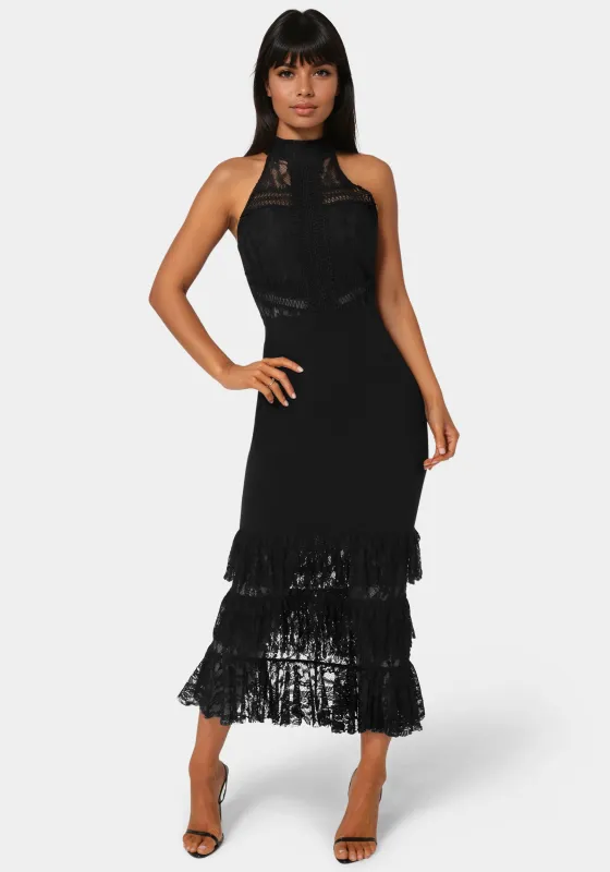 Halter Tiered Lace Midi Dress sold by Bebe