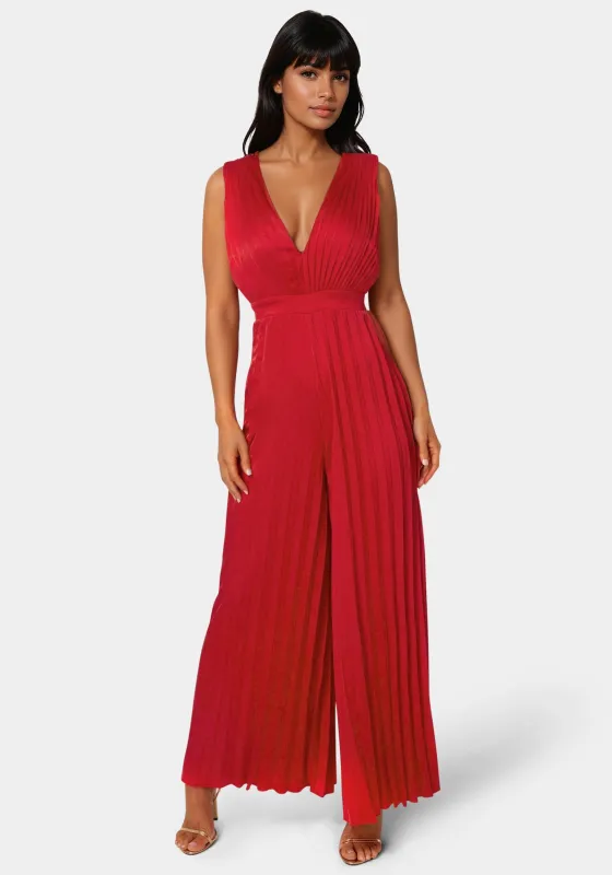 Bare Deep V Pleated Satin Jumpsuit sold by Bebe