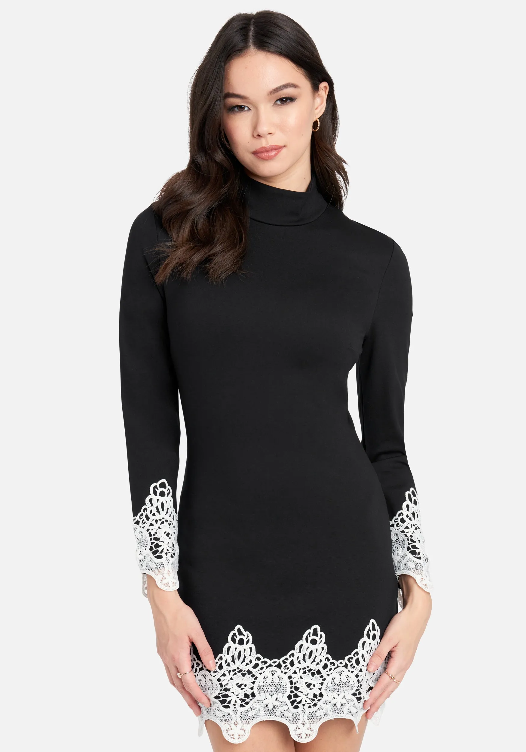 Lace Trim Mock Neck Dress sold by Bebe