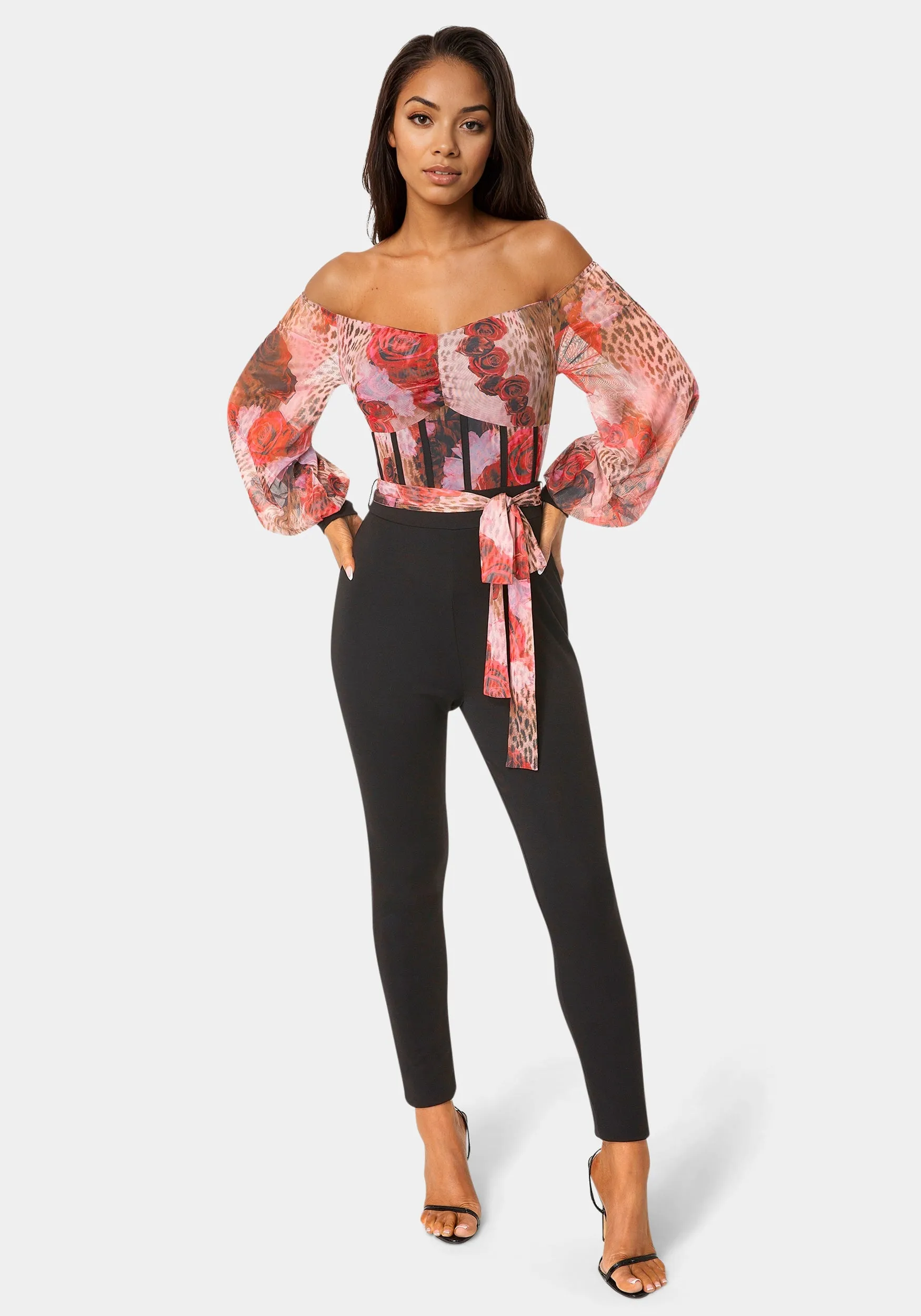 Mesh Off Shoulder Catsuit sold by Bebe