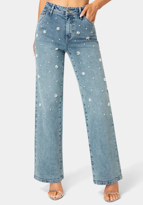 Natural Waist Embellished Wide Leg Jeans sold by Bebe