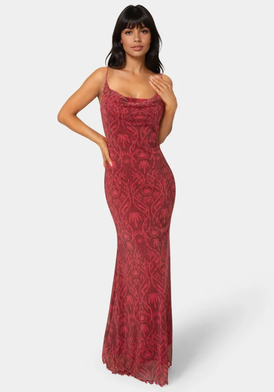 Printed Mesh Cowl Gown sold by Bebe