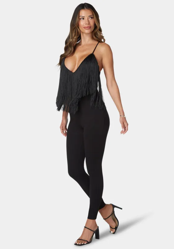 Festival Fringe Neck Jumpsuit sold by Bebe