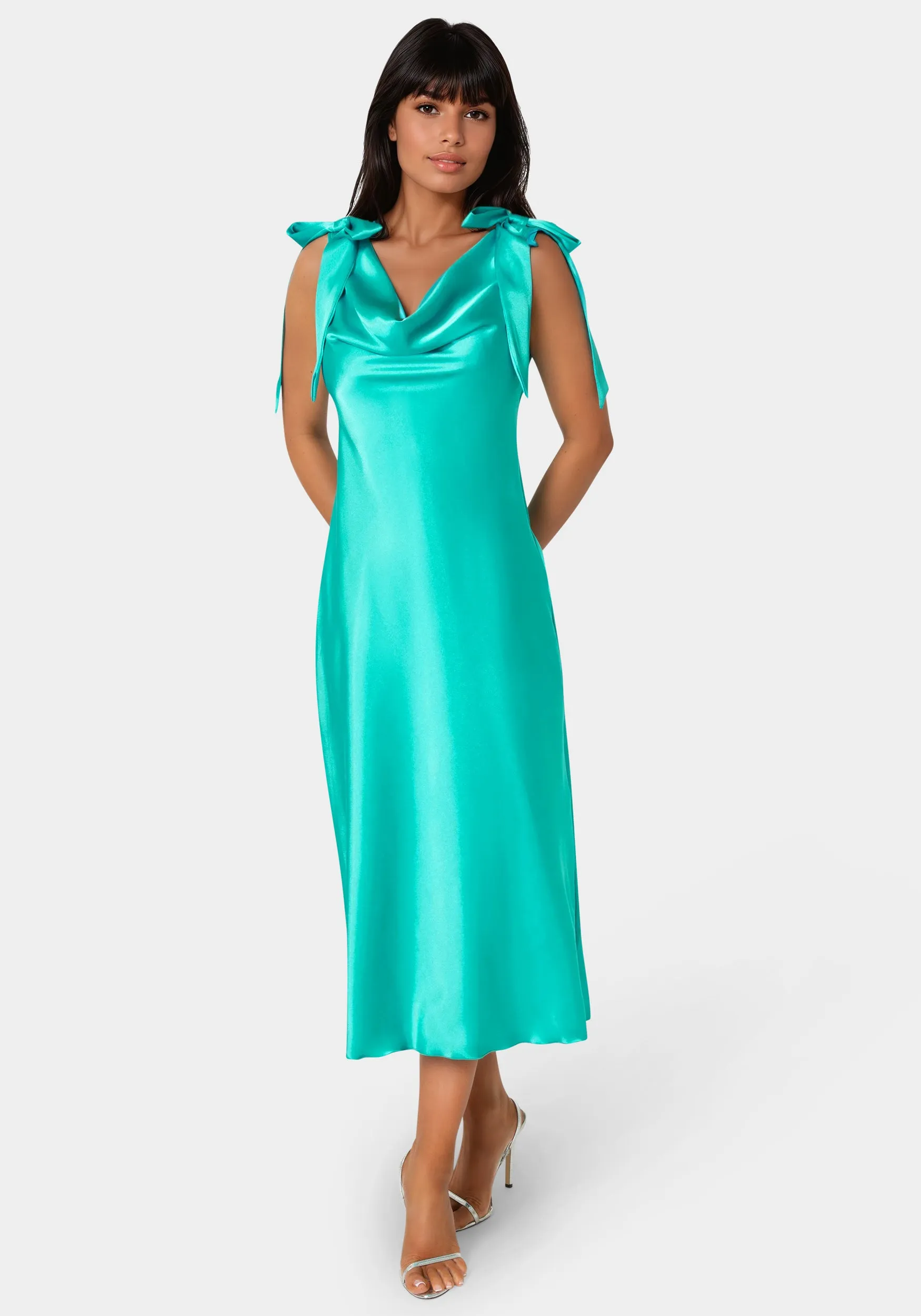 Bow Strap Satin Midi Dress sold by Bebe