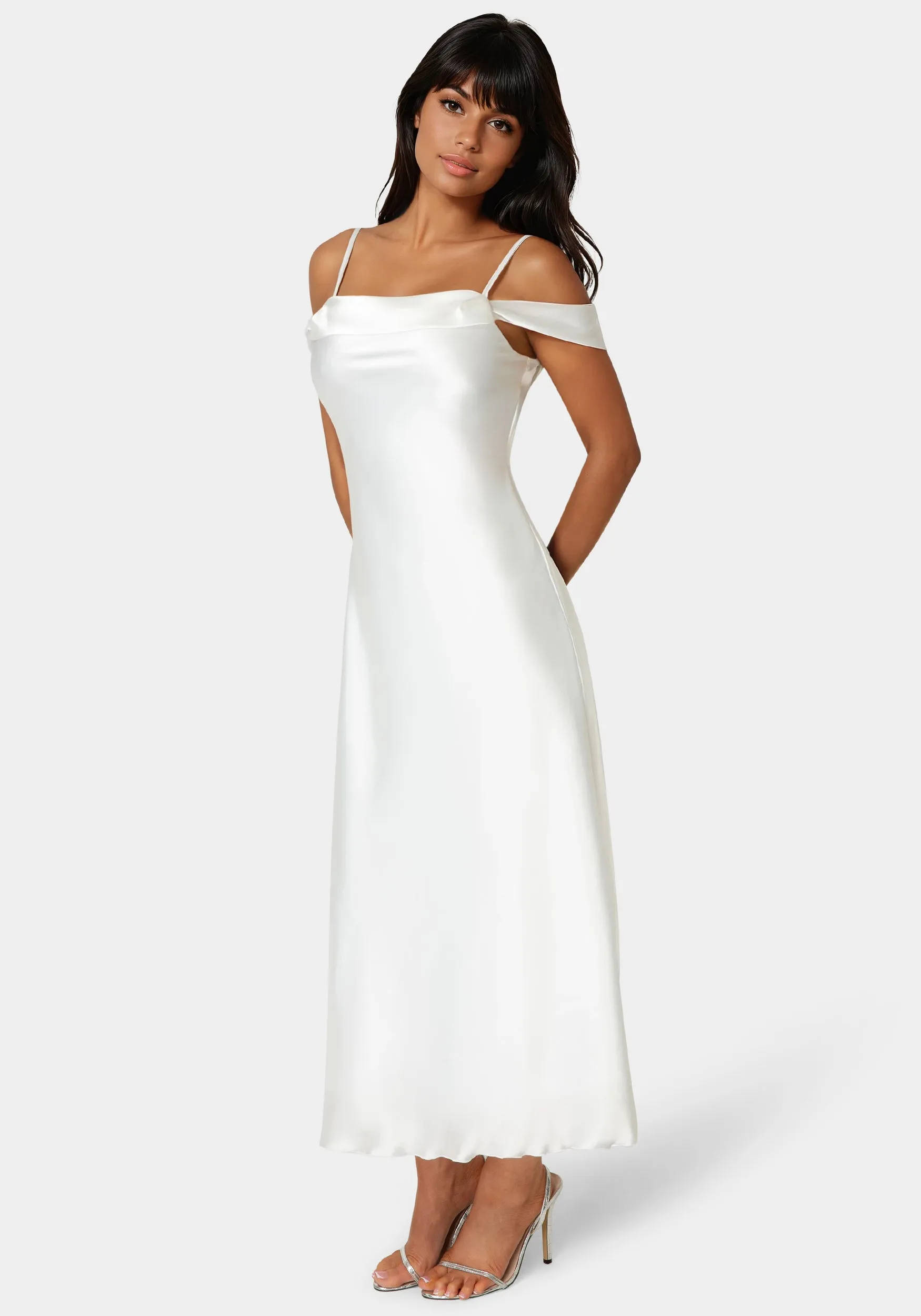Drape Shoulder High Slit Satin Maxi Dress sold by Bebe product image thumbnail 2
