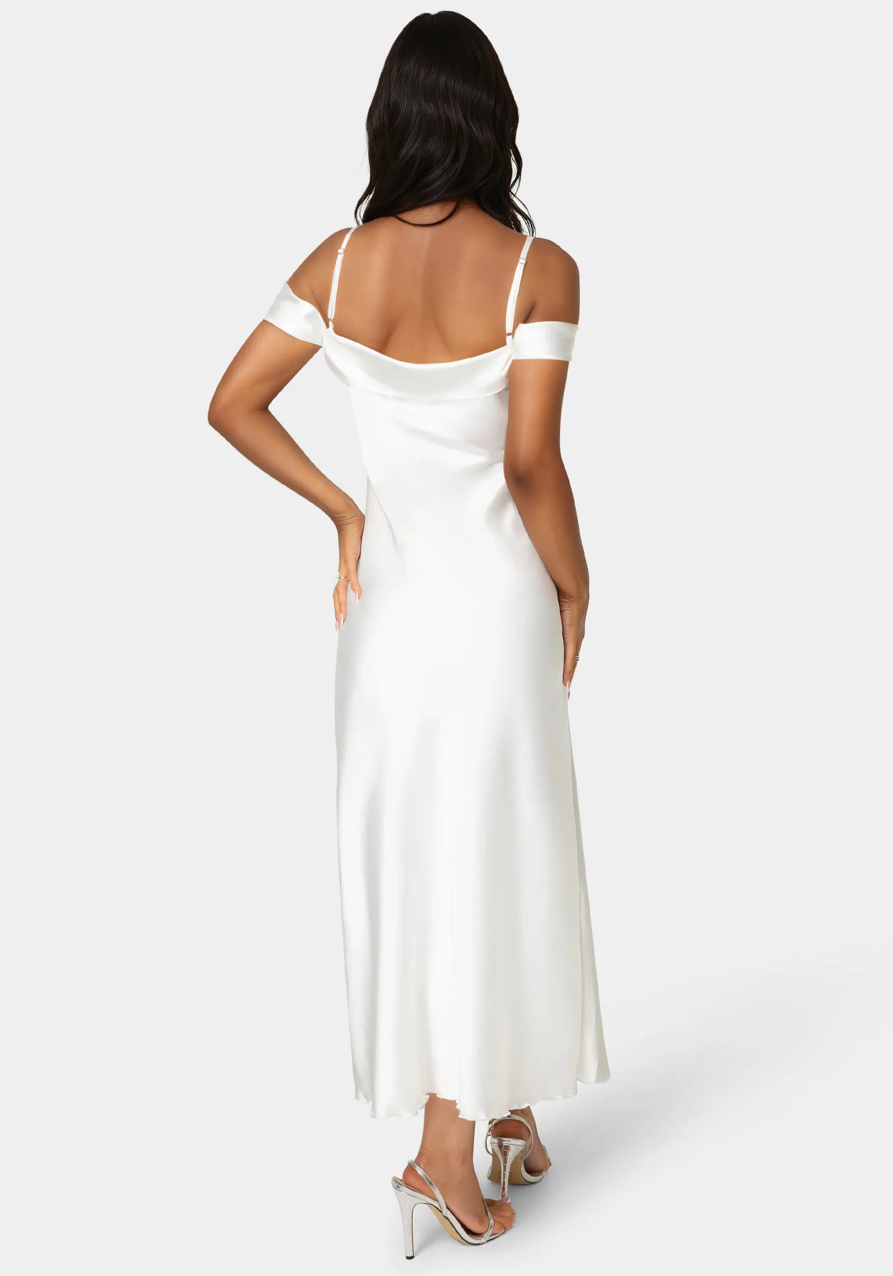 Drape Shoulder High Slit Satin Maxi Dress sold by Bebe product image thumbnail 3