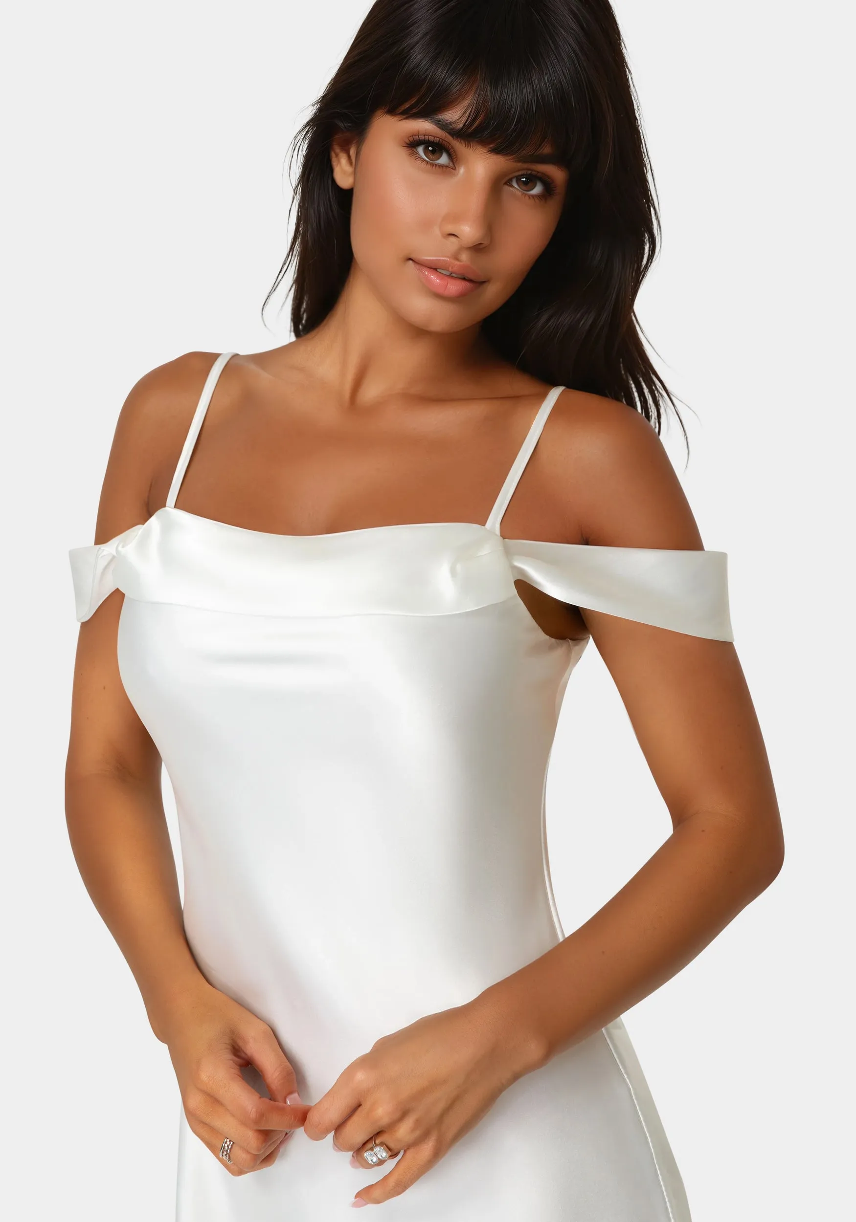 Drape Shoulder High Slit Satin Maxi Dress sold by Bebe product image thumbnail 4