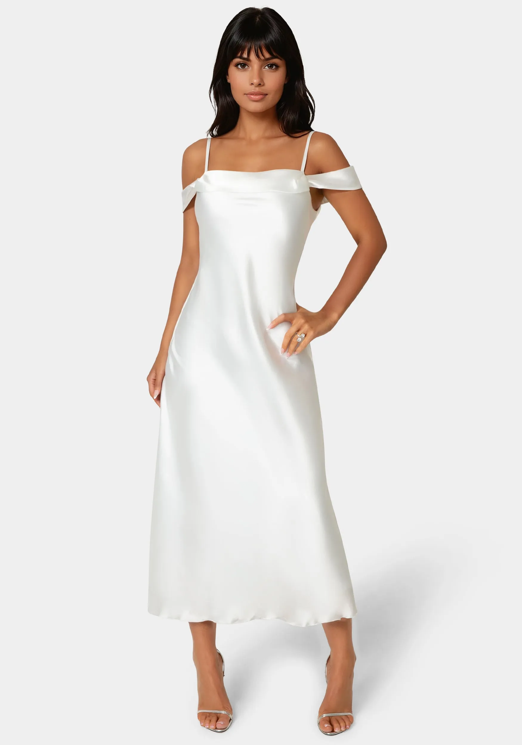 Drape Shoulder High Slit Satin Maxi Dress sold by Bebe