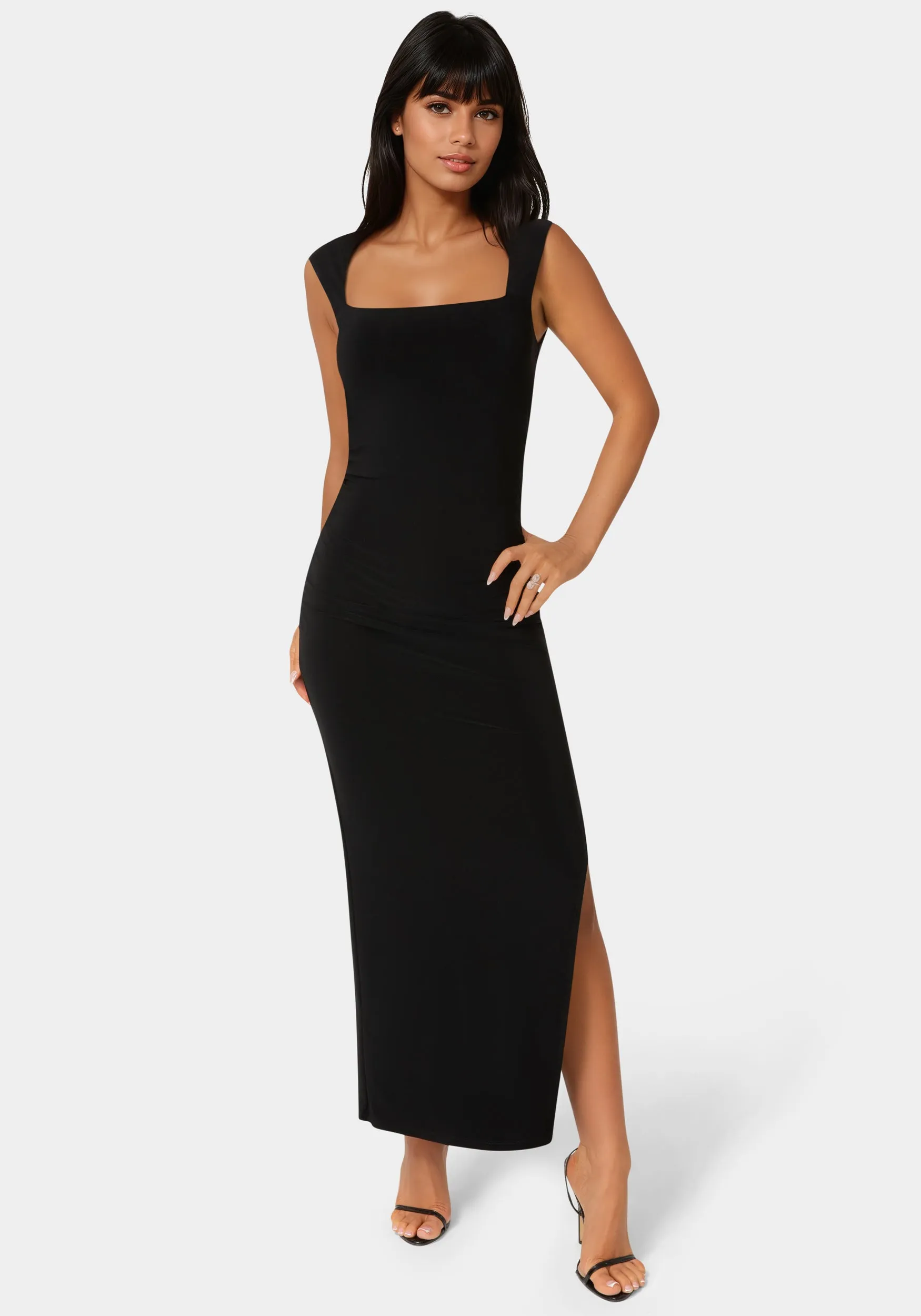 Square Neck High Slit Midi Dress sold by Bebe