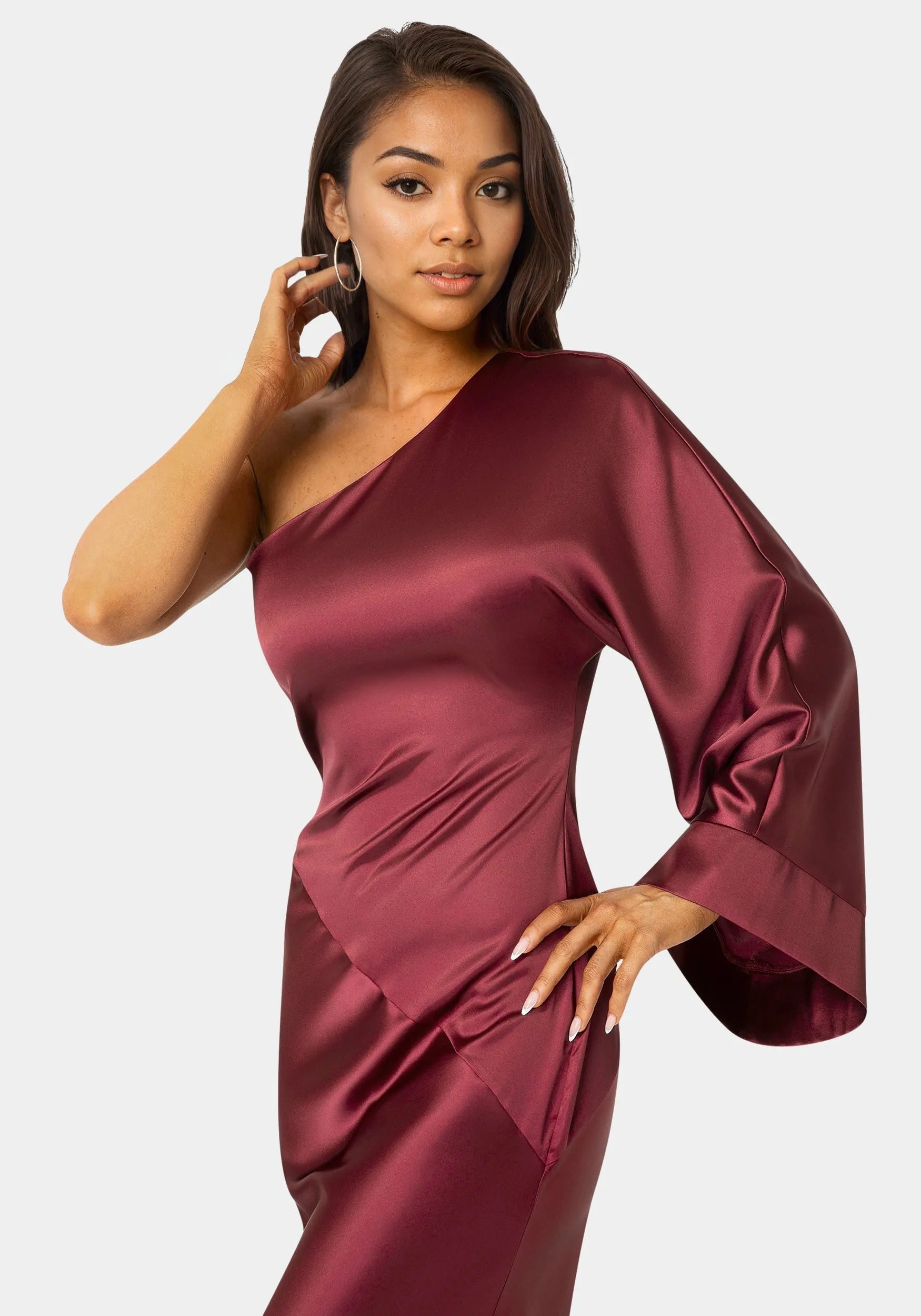 One Shoulder Bell Sleeve Satin Maxi Dress sold by Bebe product image thumbnail 4