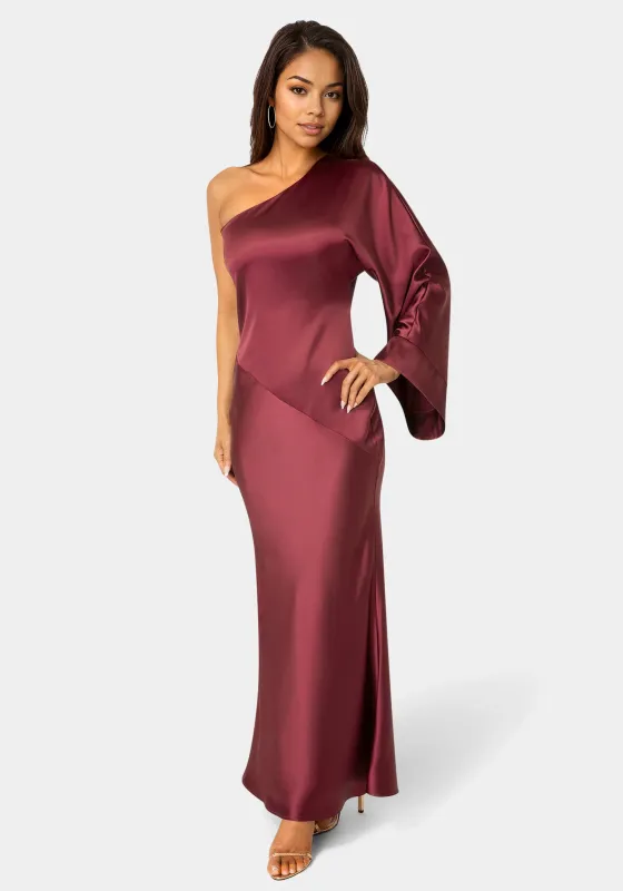 One Shoulder Bell Sleeve Satin Maxi Dress sold by Bebe