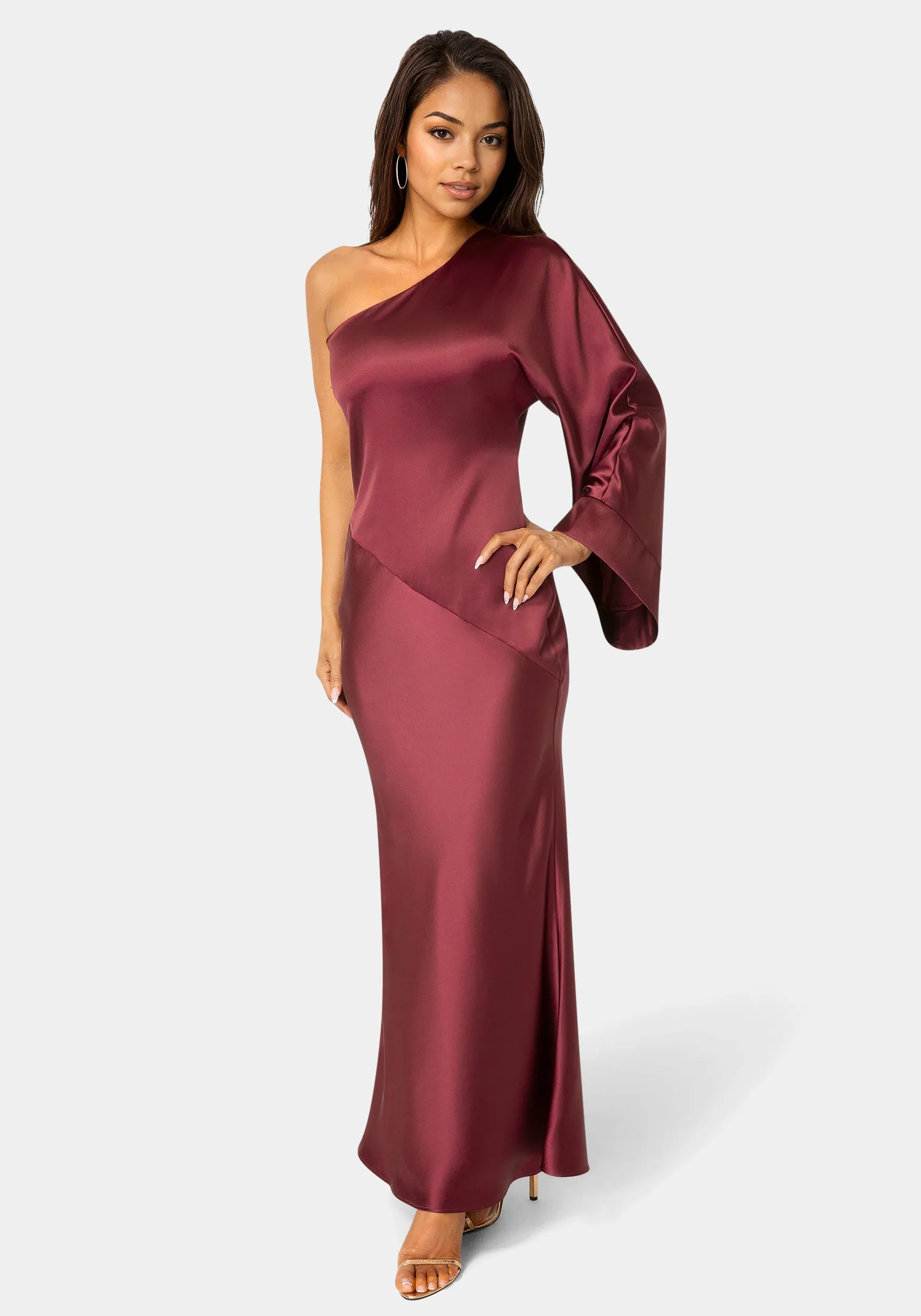 One Shoulder Bell Sleeve Satin Maxi Dress sold by Bebe