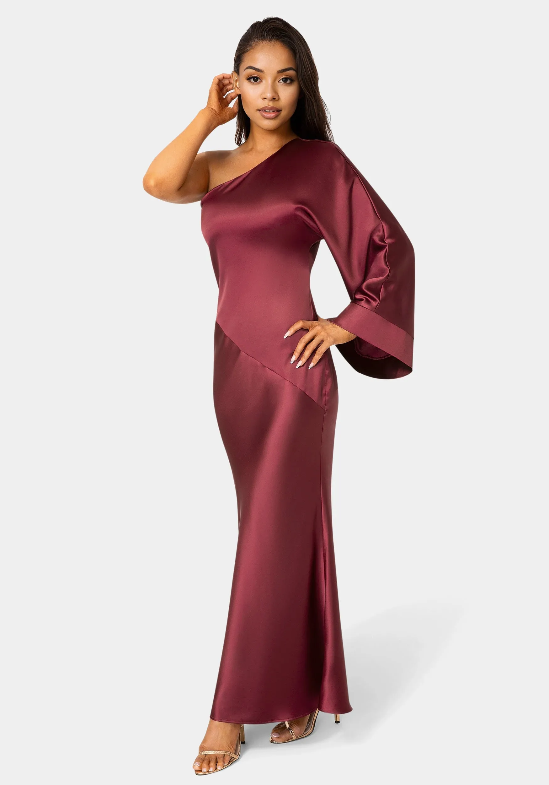 One Shoulder Bell Sleeve Satin Maxi Dress sold by Bebe product image thumbnail 2