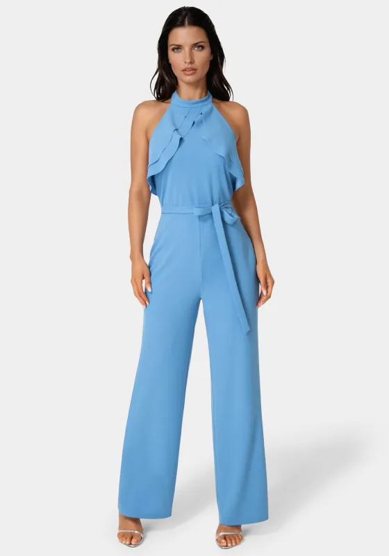 Scuba Crepe Ruffled Halter Jumpsuit sold by Bebe