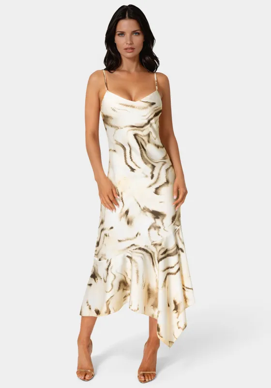 Printed Satin V-Neck Hanky Dress sold by Bebe