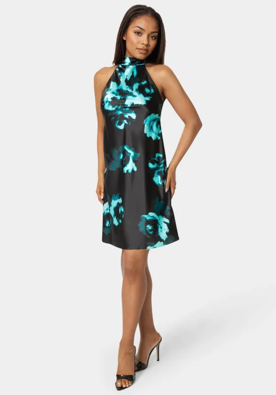 Printed Satin Mock Neck Dress with Bow Back made by Jump