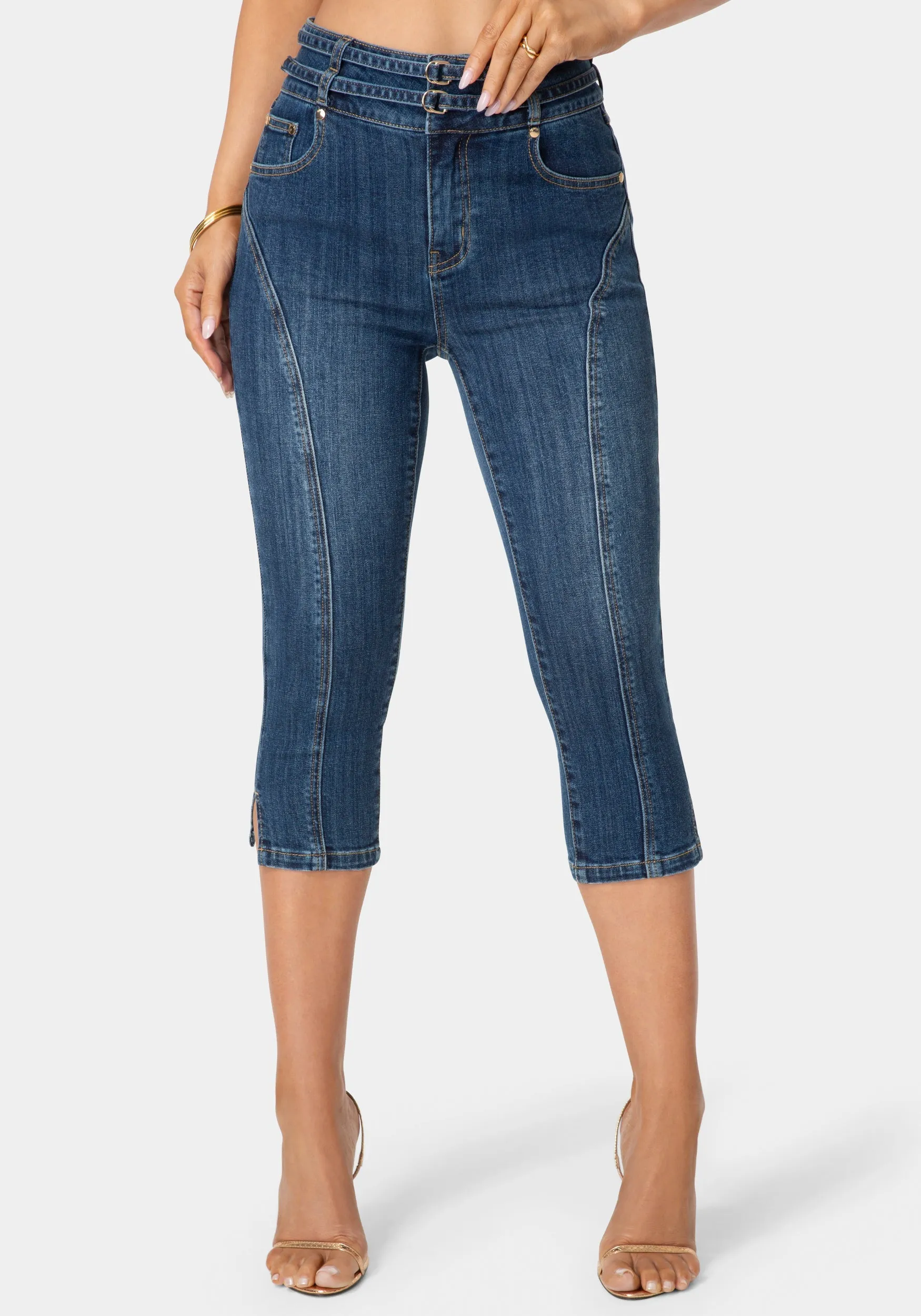 Double Belted Denim Capri sold by Bebe
