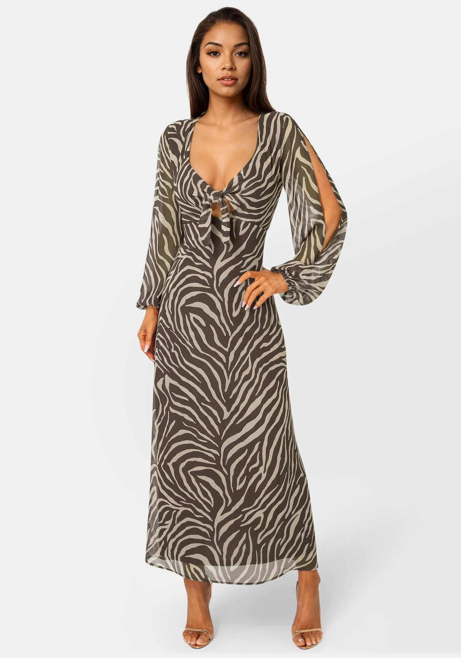 Printed Chiffon Tie Front Maxi Dress sold by Bebe