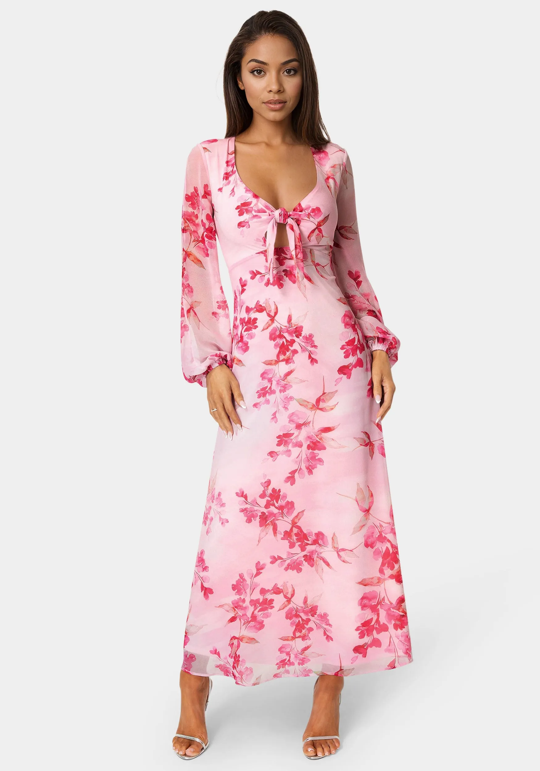 Printed Chiffon Tie Front Maxi Dress sold by Bebe