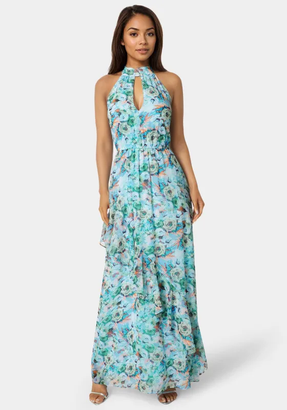 Printed Chiffon Halter Ruffle Dress made by Jump