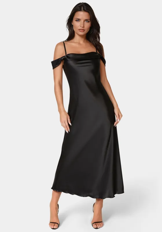 Drape Shoulder High Slit Satin Maxi Dress made by Jump