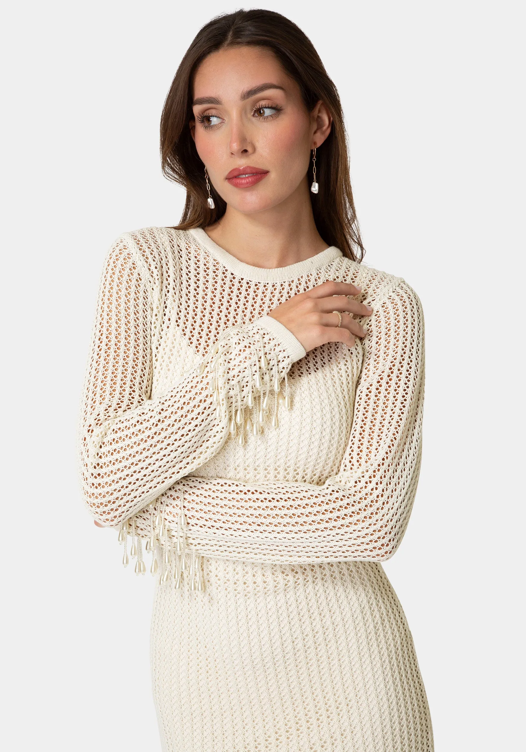 Pearl Embellished Crochet Mini Dress sold by Bebe product image thumbnail 4